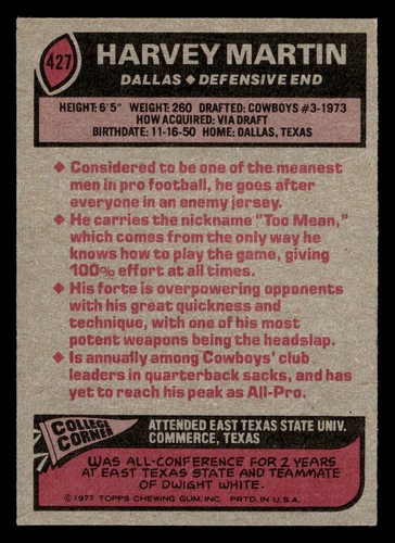 1977 Topps Harvey Martin #427 EX-MT Dallas Cowboys - Picture 2 of 2