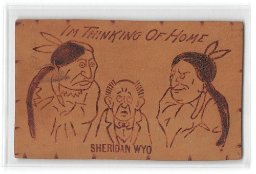 Postal de cuero Thinking of Home Sheridan, Wyoming indios nativos americanos 1905