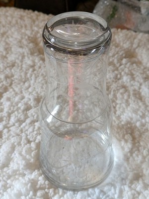 VTG Etched Glass Bedside Tumble Up Pitcher With Glass Cup 