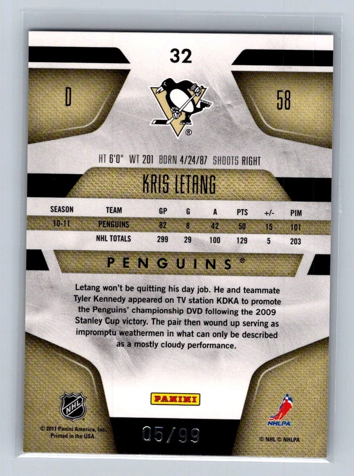2011-12 Panini Certified #32 Kristopher Letang /99 Pittsburgh Penguins - Image 2 of 2