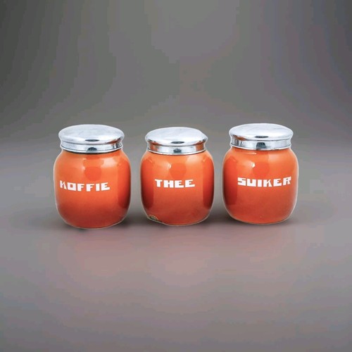Vintage CANISTER SET Enamelware Coffee Sugar Tea Orange Flamed Dutch Enamel Jars - Picture 1 of 8