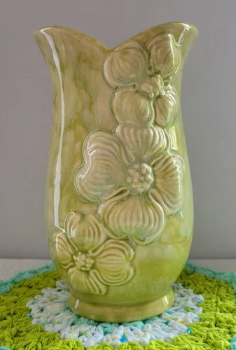 Brush McCoy Pottery Dogwood 8" Vase Signed 667 8 USA Chartreuse Green 1950s