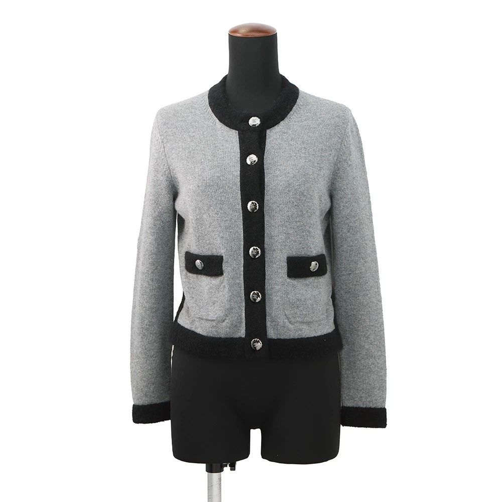 Chanel — CHANEL COCO Button cardigan Size 36 Cashmere100%/Rhinestone Gray/Black P7135...