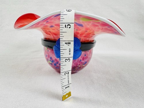 Vintage Murano Style Blown Art Glass Hat Candy Bowl Pink Purple Green Blue Band - Picture 8 of 8