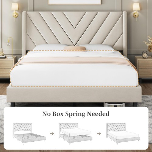 Base De Cama Queen Beige Con Cabecera De Madera Moderna Plataforma En Oferta New - Picture 3 of 9