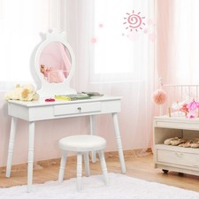 Kids Vanity Table & Chair Set Pretend Makeup Dressing Table W/ Mirror & Drawer