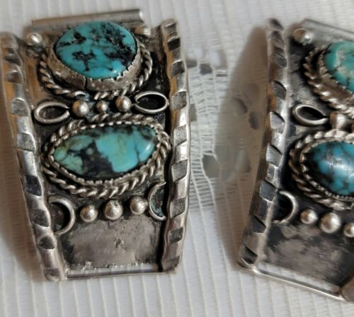 Vintage Sterling Silver Navajo Turquoise Watch Band Ends - Picture 3 of 6
