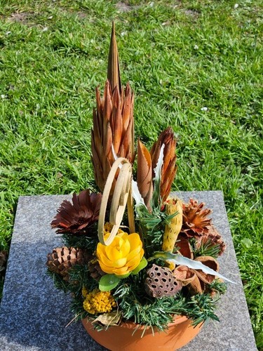 Künstliche Blumen Grabgesteck Gelb Natur Schale Dekoration Kunstblumen Friedhof - Bild 10 von 13
