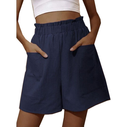 Womens Baggy High Waist Cotton Linen Shorts Ladies Solid Wide Leg Solid Pants US - Picture 12 of 17