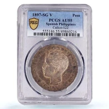 Philippines 1 peso Spanish Coinage Child Alfonso XIII AU55 PCGS silver coin 1897
