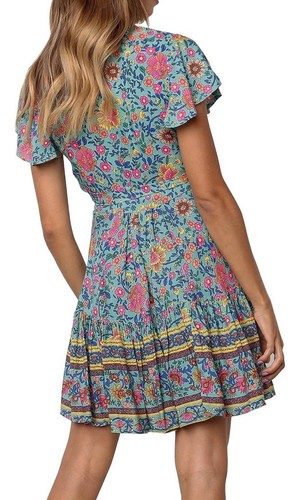 Zesika Women’s Summer Wrap Bohemian Floral Print Beach Mini Dress Small - Picture 4 of 8