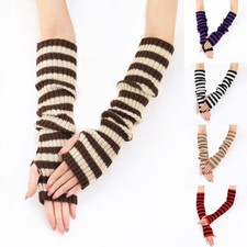 Women Striped Knitted Fingerless Gloves Arm Warmers Long Sleeve Elbow Mittens