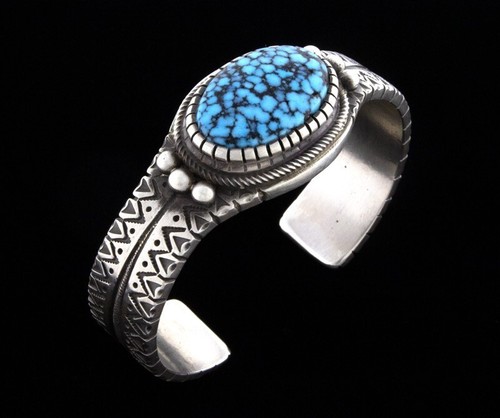 High Grade Natural Kingman Black Web Turquoise Bracelet By Calvin Martinez - Picture 2 of 5