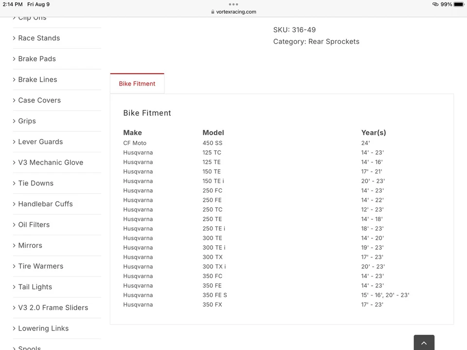 Piñón trasero Vortex aluminio 49 dientes, 316-49, Husqvarna TC, TE, TE I, FC, TX, Foto 2 de 4