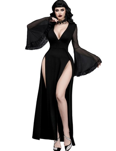 Maxi Vestido Gótico Cuello en V Abertura Alta Manga Bruja Encaje Retazos Fantasma Nupcial Gótico - Imagen 2 de 7