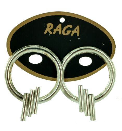 Raga Vintage Large Distressed Silver Round Techno Hoop Statement Earrings 2 3/4" - Picture 2 of 3