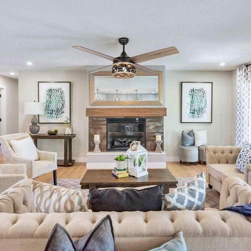 52 in. Industrial Matte Black Cage Ceiling Fan with Light Kit and Remote Control - Picture 5 of 8