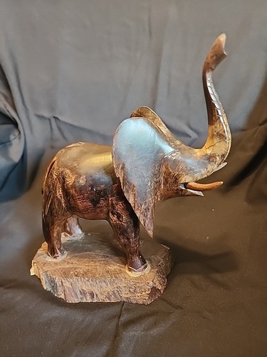Vintage massives schweres Holz ELEFANT braun 10" hoch Rüssel hoch Statue, reparierter Rüssel - Bild 2 von 15