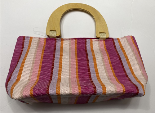 Neiman Marcus Pink Striped Straw Tote Bag with Wooden Handles New With Tags 13X7 - Imagen 10 de 11