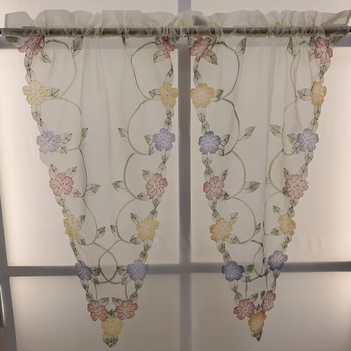 VINTAGE ECRU Cascade Floral Airbrushed Scalloped Cutout Sheer Voile Tiers - Picture 12 of 13