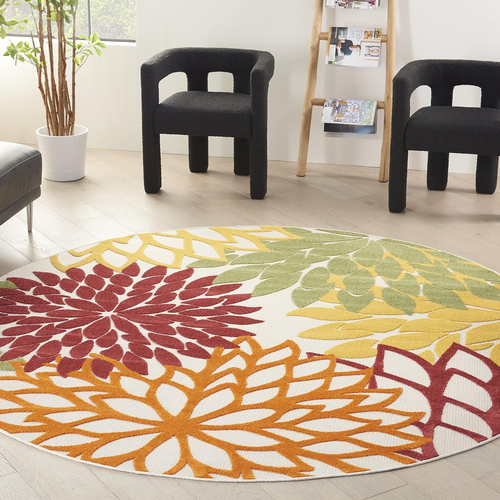 Aloha Indoor/Outdoor Red Multi Colored 7'10" X round Area Rug, Tropical, Botanic