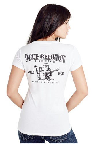 True Religion Women's T-Shirt Deep V-Neck Crystal Embellishment Buddha Logo Tee - Picture 6 of 28