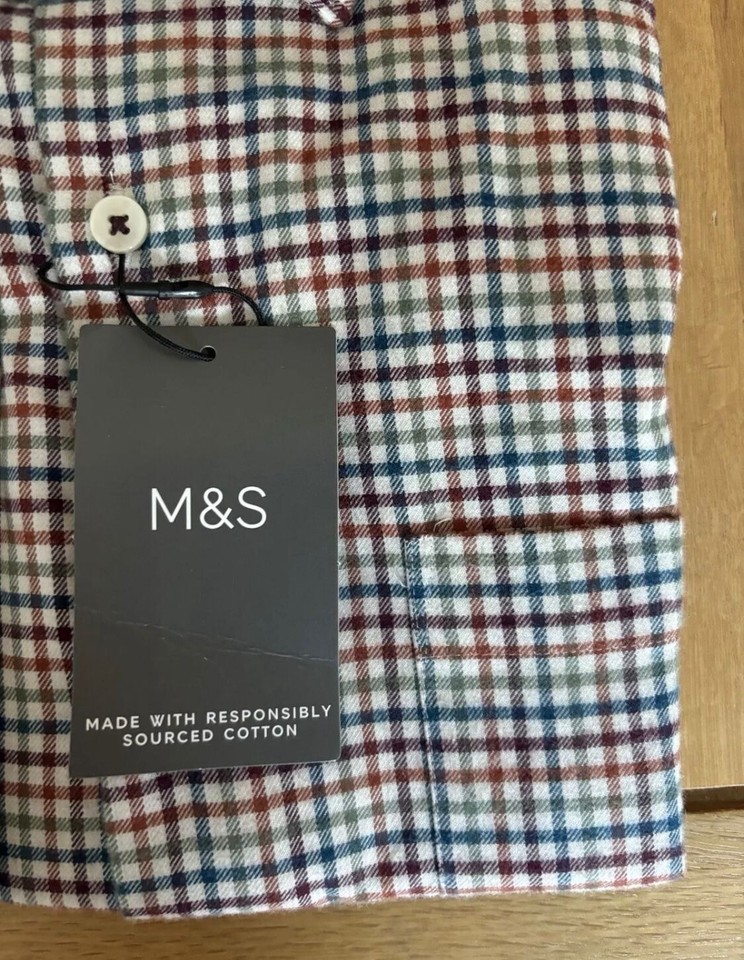 M&S MENS COTTON REGULAR FIT BEIGE COLOURED CHECK LONG SLEEVE SHIRT Size