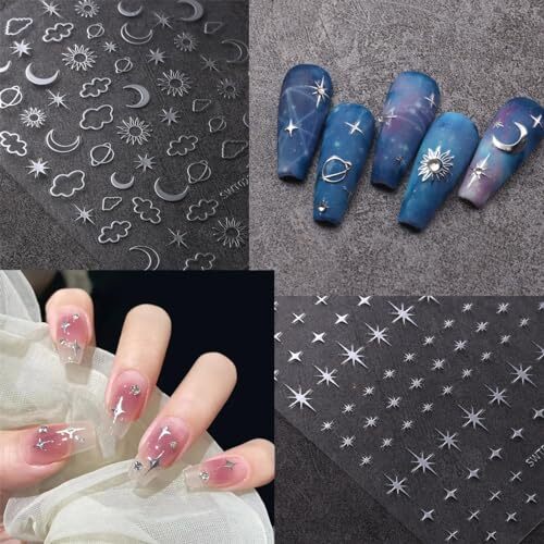 6 Sheets Star Nail Art Stickers Decals 3D Stars Moon Sun Self Adhesive Nail - Picture 6 of 7