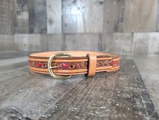 Tan Leather Belt Red Flower Gold Buckle Hand Tooled SIZE 26" Full Grain Leather