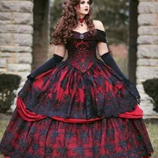 Gothic Medieval Burgundy and Black Wedding Dresses Long Sleeve Lace Applique