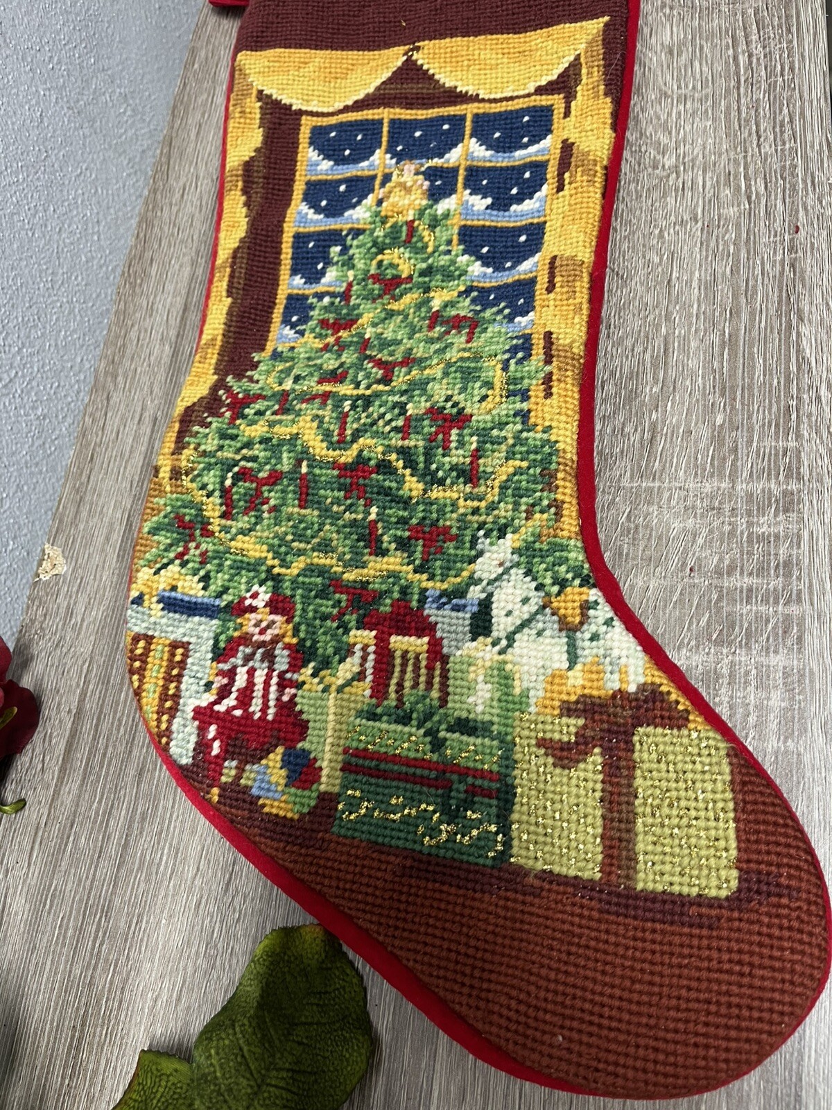 Vintage Needlepoint Christmas Stocking Christmas Tree Toys Velvet Backing 17”