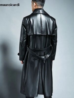 Spring Autumn Men Long Black Pu Leather Trench Coat Double