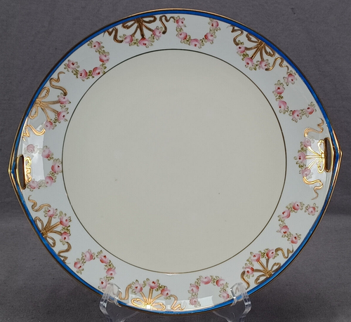 Nippon Hand Painted Pink Roses Gold Bows Blue & Ivory Cake Plate C.1891-1911