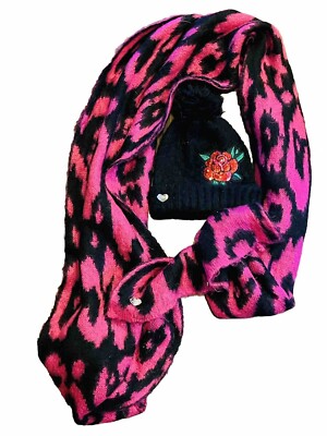 Betsey Johnson Black and Pink Fashion Hat Reversible Betsey Johnson Black Wool Hat With Pink & Black Feathers Bow  main image 2