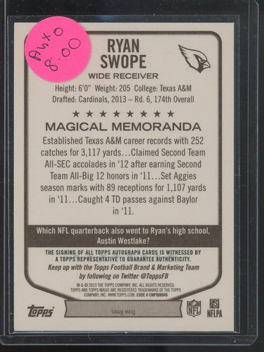2013 Topps Magic Autogramme Arizona Cardinals Fußballkarte #154 Ryan Swope - Bild 2 von 2