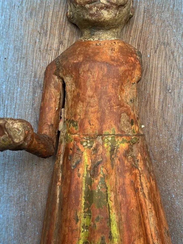 Vintage Old Wooden Hand Carved Painted Man Rustic Figure Wall Hanging Blue Frame - Image 3 of 4