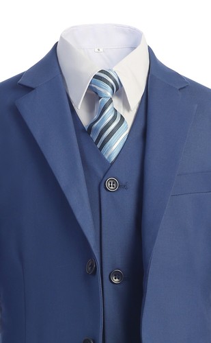 Magen Kid Boy SLIM FIT Formal Bridal 7 Pcs Set Suit S1-18 Indigo Blue 2 Button - Picture 4 of 9