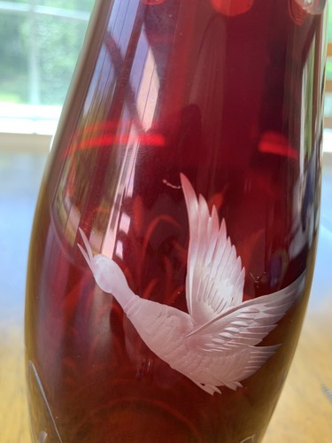 Cranberry Glass Decanter Red Cut To Clear Duck Marsh Etched - Picture 22 of 22