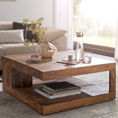 Massiver Couchtisch PATAN Sheesham 90cm Wohnzimmertisch Holz Tisch Ablage Massiv