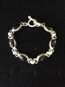 Vintage-Sterling-Silver-Bracelet-Black-Onyx-Oval-Links-Mexico-Toggle-Clasp-6-5-034