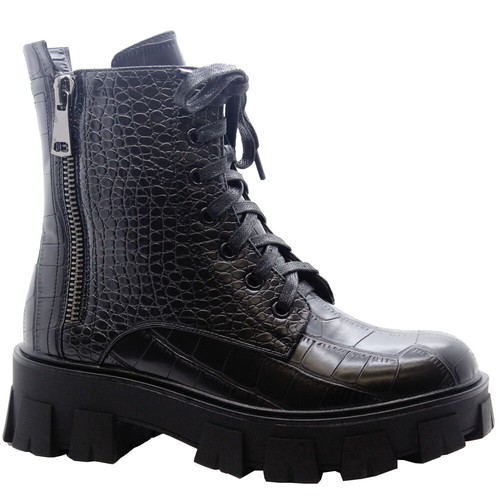 Ladies Chunky Platform Ankle Lace Up Boots Womens Zip Goth Punk Shiny Shoes Size - Picture 3 of 14