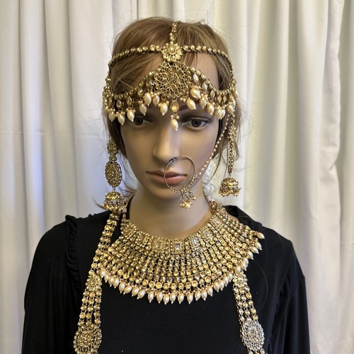 Asian Bridal Party Wear Necklace Set Golden Pearl Earrings Tikka Indian - Picture 6 of 22