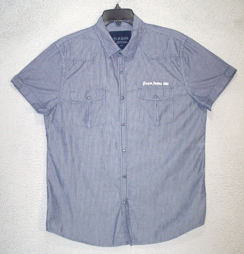 GUESS Shirt Adult Large Gray Logo Snap Button Classic Short Sleeve Pockets Mens - Picture 1 of 17