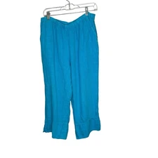 MATCH POINT USA Women’s  L 100% Linen Wide Leg Crop Pants Lagenlook Aqua Blue