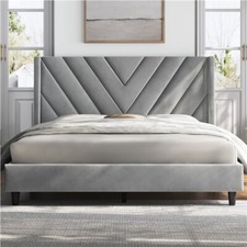 Full/Queen Upholstered Bed Frame with Wooden Slat Support Wing Side, Light Gray