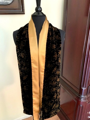 Silk Velour/Charmeuse Scarf 70" x 9" Black/Gold Collor - Picture 2 of 5