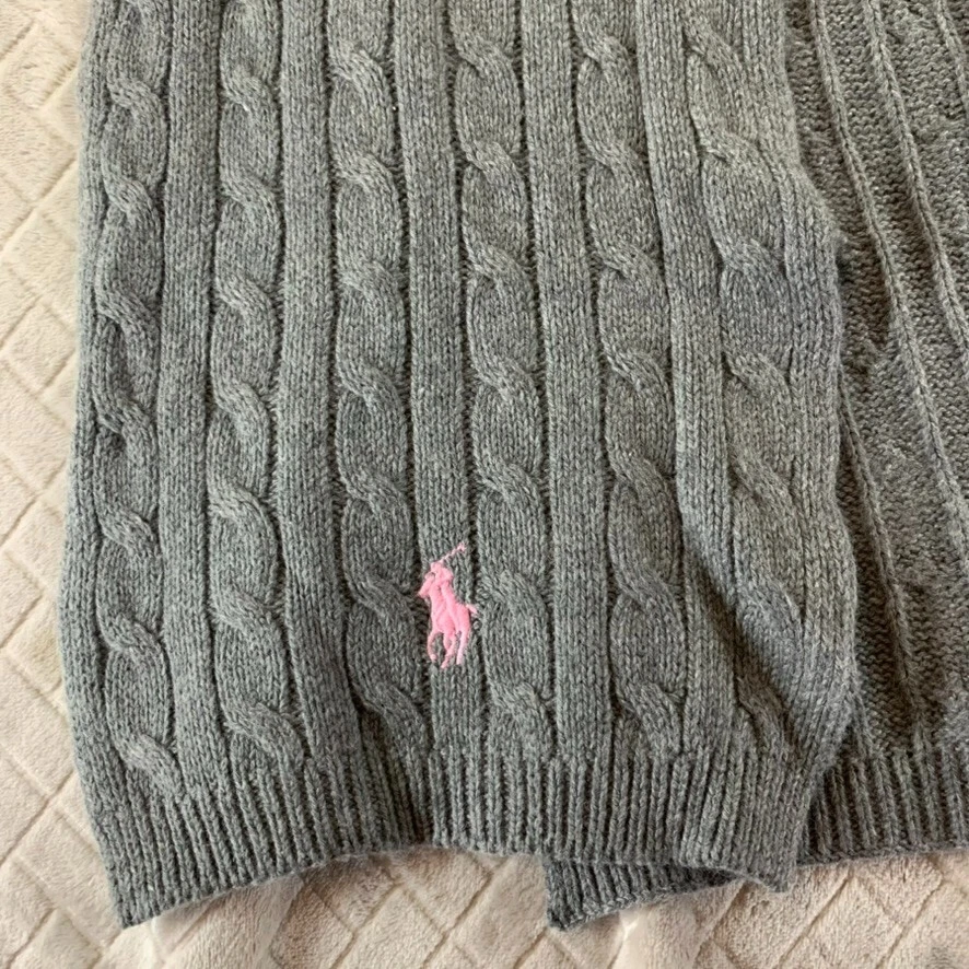 Cachecol Ralph Lauren cinza mistura de lã malha de cabo rosa logotipo pônei 72 pol. de comprimento - Imagem 3 de 4