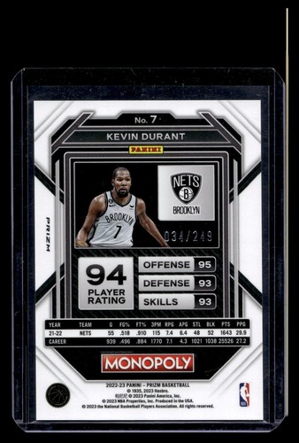 Kevin Durant 2022-23 Panini Prizm Monopoly #7 SN Brooklyn Nets - Bild 2 von 2