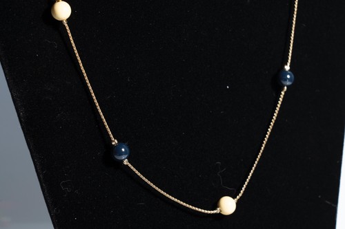 Goldtone Necklace w/ Round Blue & White Faux Pearl Beads 24" - Picture 2 of 4