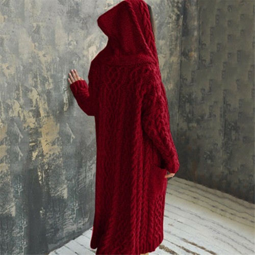 Womens Long Knitted Cardigan Solid Chunky Hooded Open Front Sweater Coat Winter - Picture 7 of 30